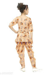 Orange cotton linen girls' top & dhoti pant set - Indian traditional attire with A-line top and elastic waistband